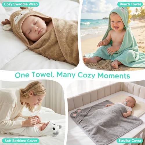 14 PCS Baby Bath Towels Set, Hooded Baby Towels, Baby Bath Essentials | 4 PCS Baby Towels, 8 PCS Washcloths & 2PCS Bath Brush Set for Infants & Toddlers, Ultra Absorbent & Soft for Boys & Girls