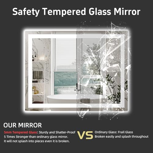 LED Bathroom Mirror 44"x 36", Double Lighting Sources Dimmable, Front and Backlit Bathroom Mirror with Lights, Anti-Fog Lighted Bathroom Vanity Mirror, Tempered Glass (Horizontal/Vertical) | Front & Backlit, Memory Function, HD Tempered Glass Vanity Mirro