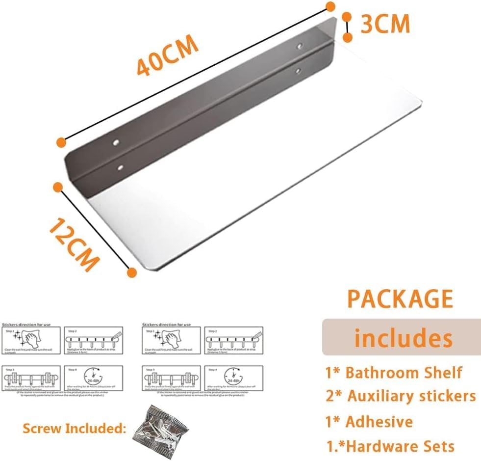 15.74 Inch Stainless Steel Floating Shelf Organiser Wall Mounted Bathroom Shelf Shower Caddy Brush Finish Simple Style Kitchen Shelf Sliver Chrome Finish - color: Sliver Chrome, size: 15.74 Inch