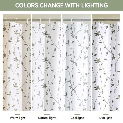 Embroidered Leaf Farmhouse Shower Curtain,Faux Linen,72x72,White Sage Green | Boho Modern Shower Curtain Set, Washable & Waterproof Fabric, Floral Shower Curtains for Bathroom with Hooks - color: White Sage Green