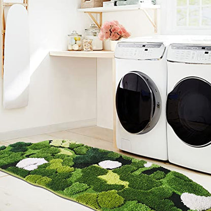 Hifuwan Cute Green Moss Bathroom Runner Rugs, Plant Leaf Bath Mats 20 x 43 | Boho Aesthetic, Long Rectangular Shaggy Non Slip, Machine Washable, Absorbent Bathmats for Bedroom, Shower Floor, Home Decor - size: 1'8" x 3'7" (Rectangular)