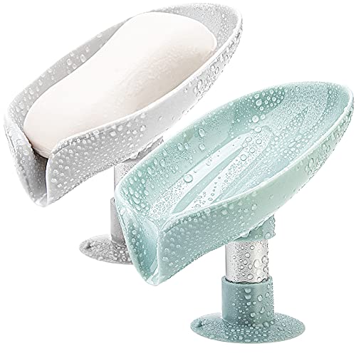 2 Pack Soap Holder Leaf-Shape Self Draining Soap Dish Holder, Not Punched Easy Clean Bar Soap Holder, with Suction Cup Soap Dish Suitable for Shower, Bathroom, Kitchen Sink (Grey + Green) - color: Grey + Green