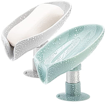 2 Pack Soap Holder Leaf-Shape Self Draining Soap Dish Holder, Not Punched Easy Clean Bar Soap Holder, with Suction Cup Soap Dish Suitable for Shower, Bathroom, Kitchen Sink (Grey + Green) - color: Grey + Green