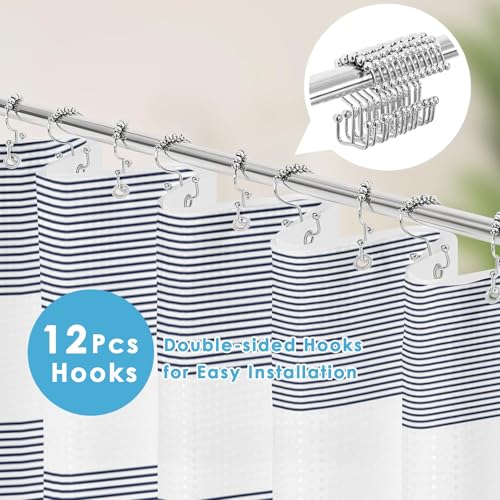 3 in 1 Shower Curtain and Liner,72 x 72 inch, Striped Navy | Blue Shower Curtain and PEVA Liner Set with 12 Rust-Resistant Metal Hooks, Waterproof Fabric Curtains for Bathroom - color: Navy Blue