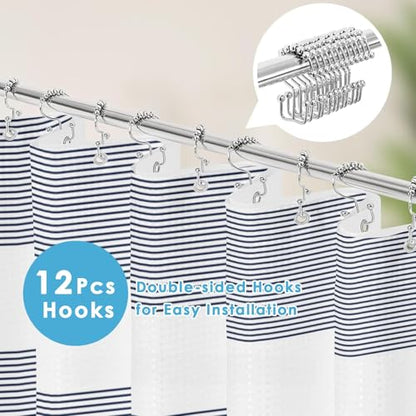 3 in 1 Shower Curtain and Liner,72 x 72 inch, Striped Navy | Blue Shower Curtain and PEVA Liner Set with 12 Rust-Resistant Metal Hooks, Waterproof Fabric Curtains for Bathroom - color: Navy Blue