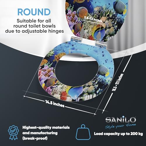 SANILO Wooden Toilet Seat with Soft Close [ROUND] - Decorative, Quiet & Slow Close Molded Wood Seat - With Strong Bumpers & Hinges - Adjustable Fit – Ocean - color: Ocean
