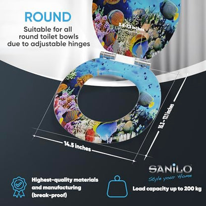 SANILO Wooden Toilet Seat with Soft Close [ROUND] - Decorative, Quiet & Slow Close Molded Wood Seat - With Strong Bumpers & Hinges - Adjustable Fit – Ocean - color: Ocean