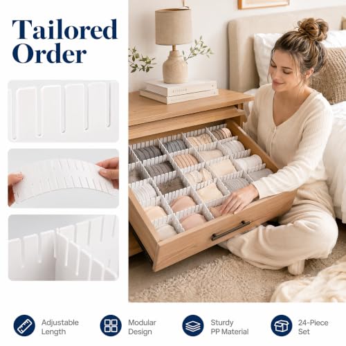24 Pack Drawer Organizer Dividers, Adjustable DIY Storage Separator for Tidying Clutter Cutlery Underwear Socks Clothes Dresses Desk & Box in Kitchen Bathroom Bedroom Office (Cut at Will)