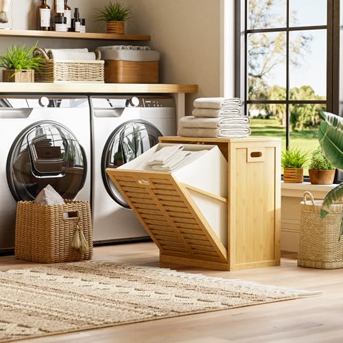 HITNET Tilt Out Laundry Hamper, Bamboo Laundry Cabinet with Hidden Removable Basket, Freestanding Clothes Storage organizer for Bedroom, Bathroom, Living Room, Natural - color: Natural
