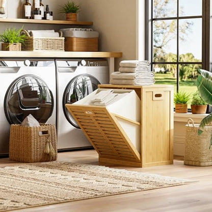 HITNET Tilt Out Laundry Hamper, Bamboo Laundry Cabinet with Hidden Removable Basket, Freestanding Clothes Storage organizer for Bedroom, Bathroom, Living Room, Natural - color: Natural