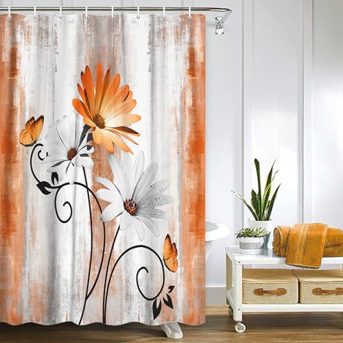 Rustic Farmhouse Shower Curtain, Farm Orange Daisy Floral Fall Flowers and Butterfly on Country Wooden Autumn Shower Curtain for Bathroom, Yellow Grey Gray Red Gold Curtain with 12PCS Hooks, 47X70IN - color: Orange, size: 48"W x 70"L (Pack of 1)