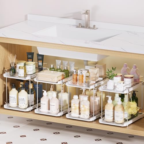 Delamu 2 Tier Under Sink Organizer Bathroom, Bathroom Cabinet Organizer with Snap-Lock Design and Hooks, Pull Out Storage with Movable Dividers, for Countertop, Kitchen and Pantry (White, 4 Pack) - color: White, size: 4 pack