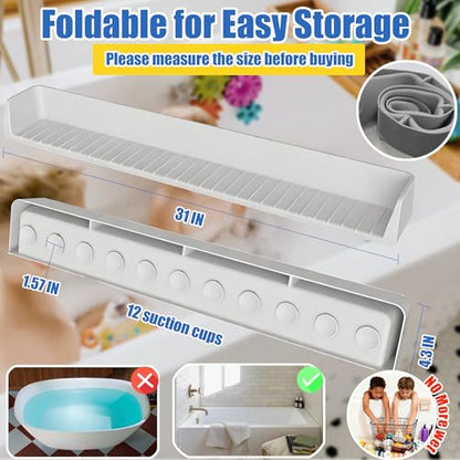 Longer Bathtub Splash Guard for Kids Adult - Bathtub Tray 31IN Silicone Bath Tub Tray Shelf with 11 Suction Cups, Bathtub Accessories Bath Toy Holder Play Shelf , Sink Side Splash Guard Tray, Gray