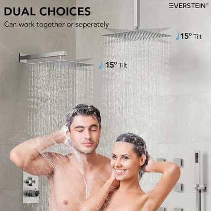 12" High-Pressure Rainfall Shower Faucet with Valve for Bathroom, Dual Rainfall Shower Head System with 6 Body Jets, Rough in-Valve (Brushed Nickel) | High-Pressure, Dual 12" Rainfall Shower Head System, 6 Body Jets, Rough in-Valve - color: Brushed Nickel