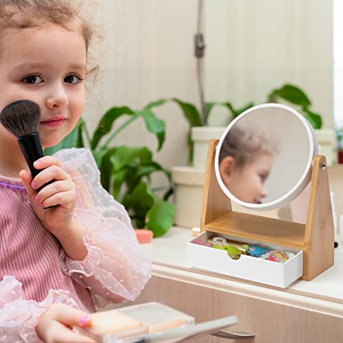 YEAKE Vanity Makeup Mirror with Natural Bamboo Stand, 1X/3X Double Sided Magnifying Mirror with Drawer,Portable Small Table Desk Countertop Mirror, Bathroom Shaving Mirror(Round) - size: 10"L x 7.5"W