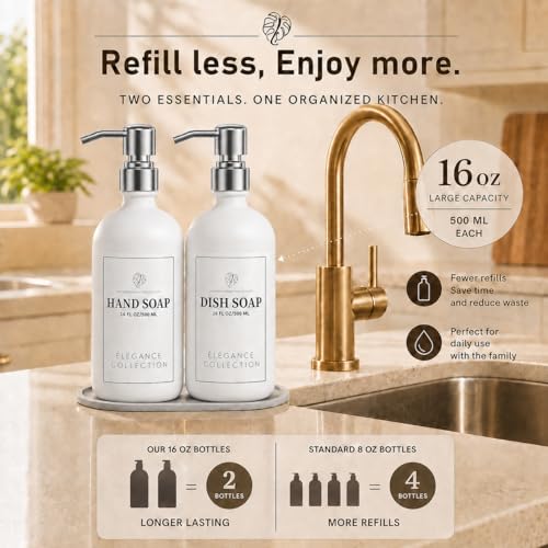 Fachixy White Glass Soap Dispenser 2 Pack, 16 Fl Oz, 14 Waterproof Labels | Leak-Resistant Stainless Steel Pump, Non-Slip Pad, Hand & Dish Soap Dispenser Bottles Set for Kitchen and Bathroom - color: Off-white