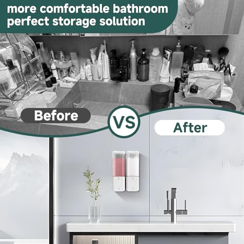 Shampoo and Conditioner Dispenser 2 Chamber No Drill Shampoo Dispenser for Shower Wall Mounted Shower Soap Dispenser 2 * 500ml Refillable Shower Dispenser for Bathroom Hotel,White - color: White-clear-2