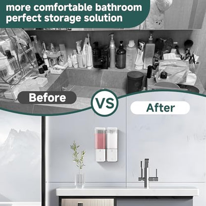 Shampoo and Conditioner Dispenser 2 Chamber No Drill Shampoo Dispenser for Shower Wall Mounted Shower Soap Dispenser 2 * 500ml Refillable Shower Dispenser for Bathroom Hotel,White - color: White-clear-2