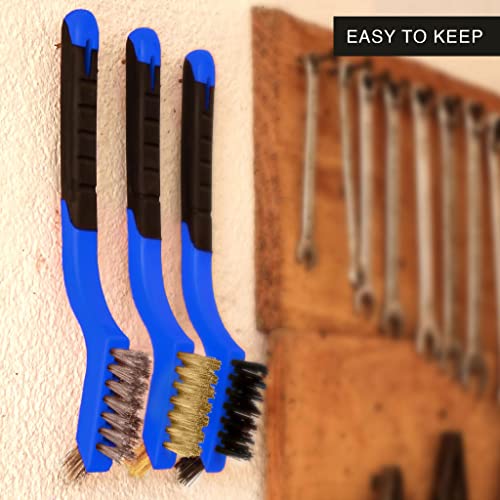 Wire Brush Set 3Pcs - Nylon/Brass/Stainless Steel Bristles with Curved Handle Grip for Rust, Dirt & Paint Scrubbing with Deep Cleaning – 7 Inches (Blue) - color: Blue