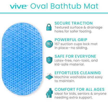Vive Oval Bathtub Mat - Nonslip Shower Floor Pad - Non-Slip and Non-Skid | For Bath Tub with Strong Rubber Suction Cup Grip - for Baby, Elderly, Kids, Bathroom (Blue) - color: Blue