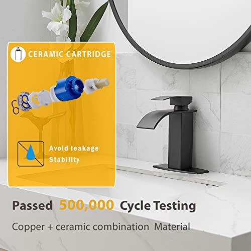 Bathroom Faucet 1 Hole Single Waterfall Vanity Sink Faucet Matte Black | One Hole Bathroom Sink Faucet, Square Single Handle, 6 Inch Deck Plate For 3 Hole, Supply Line, Pop-up Drain,Fits RV Restroom - color: Matte Black, style: Short - With Pop Up Drain