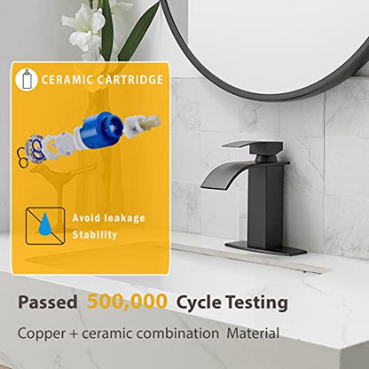 Bathroom Faucet 1 Hole Single Waterfall Vanity Sink Faucet Matte Black | One Hole Bathroom Sink Faucet, Square Single Handle, 6 Inch Deck Plate For 3 Hole, Supply Line, Pop-up Drain,Fits RV Restroom - color: Matte Black, style: Short - With Pop Up Drain