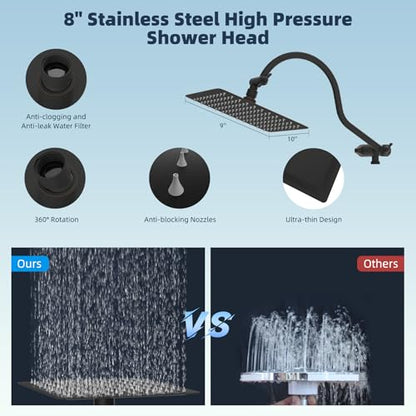 Hibbent All Metal Shower Head, 8'' High Pressure Rainfall Shower Head/Handheld Showerhead Combo with 12'' Adjustable Curved Shower Extension Arm, 10-Spray, 71'' Hose, Shower Holder, Oil Rubbed Bronze - color: Oil Rubbed Bronze, style: Square 8''