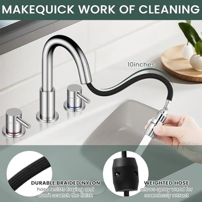 8 Inch Pull Down Bathroom Faucet 3 Hole,Chrome Bathroom Sink Faucet | Stainless Steel,Pull Down Sprayer,Chrome,3 hole Widespread,with Pop-up Drain,Water Supply Hoses,Two Water Flow Modes - color: A-Chrome