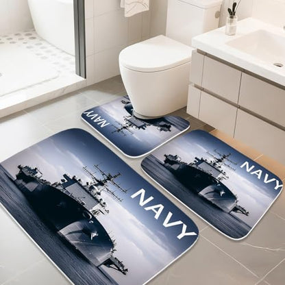 Bathroom Mat Set Modern Ocean Nautical Boys Bathroom Rugs Sets 3 Piece Military Cool, Memory Foam Bath Rugs, U-Shaped Toilet Rug Non Slip Absorbent Blue - color: Color21