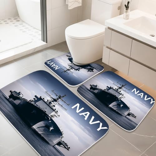 Bathroom Mat Set Modern Ocean Nautical Boys Bathroom Rugs Sets 3 Piece Military Cool, Memory Foam Bath Rugs, U-Shaped Toilet Rug Non Slip Absorbent Blue - color: Color21