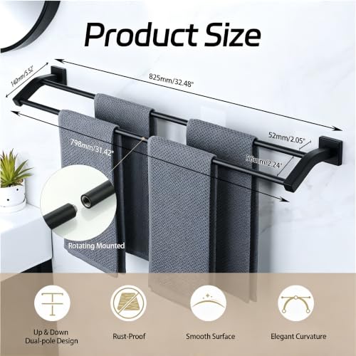 Alise Double Towel Bar,32" Towel Rack for Bathroom Wall Mounted,Matte Black | SUS304 Stainless Steel Bathroom Towel Holder, Quick Drying Towel Hanger Towel Rod, Useable Length 30.8" - color: Matte Black, size: 32-Inch(Joining Process)