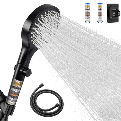 Filtered Handheld Shower Head with Hose and Holder, 5.1" Large High Pressure Shower Wand with 2 Extra Filters, Reinforced Matte Black Showerhead Set for Hard Water, 3 Spray Modes & One-Key Pause