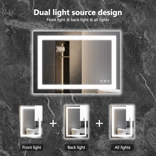 Sweetcrispy 28.1"x36.1" Smart Anti-Fog LED Bathroom Mirror with Front Light & Backlit, 3 Color Temperatures, Dimmable, Memory Function, Rectangle Modern Vanity Mirror