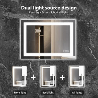 Sweetcrispy 28.1"x36.1" Smart Anti-Fog LED Bathroom Mirror with Front Light & Backlit, 3 Color Temperatures, Dimmable, Memory Function, Rectangle Modern Vanity Mirror