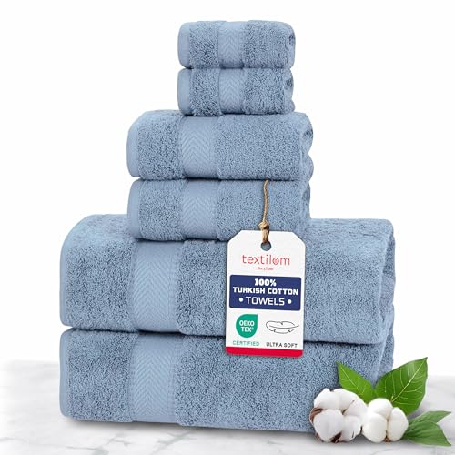 TEXTILOM 100% Turkish Cotton 6 Pcs Luxury Bath Towels for Bathroom, Soft & Absorbent Bathroom Towels Set (2 Bath Towels, 2 Hand Towels, 2 Washcloths)- Mid Blue - color: Mid Blue, size: 6 Pcs Towel Set