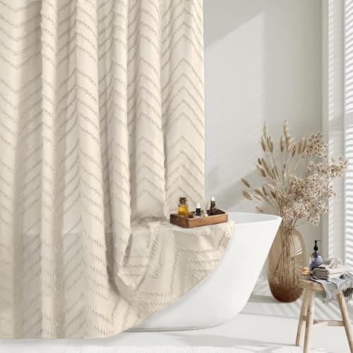 Beige Boho Shower Curtain 72 x 72 Modern Farmhouse Shower Curtain Bohemian Chic Tufted Chevron Textured Striped Minimalist Shower Curtains Woven Fabric Beige Shower Curtains | Textured Tufted Chevron Striped,Modern Minimalist Cloth Shower Curtains for Bat