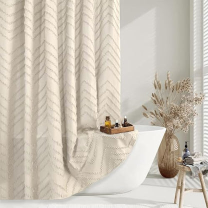 Beige Boho Shower Curtain 72 x 72 Modern Farmhouse Shower Curtain Bohemian Chic Tufted Chevron Textured Striped Minimalist Shower Curtains Woven Fabric Beige Shower Curtains | Textured Tufted Chevron Striped,Modern Minimalist Cloth Shower Curtains for Bat