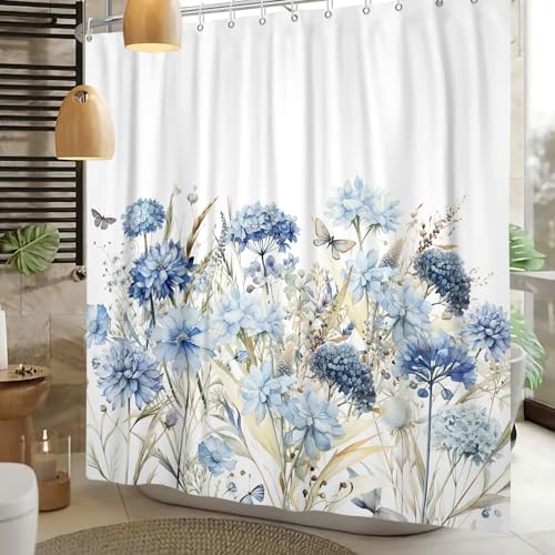 Teal Blue Hydrangea Shower Curtain Watercolor Flower Butterfly Plants Shower Curtain Elegant Botanical Aesthetic Waterproof Fabric Bathroom Curtain Set with Hooks 48x72 inch - color: Teal Blue, size: 48"W x 72"L (Pack of 1)