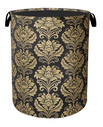 Gold Black Damask Flowers Laundry Basket - Extra Large Foldable Washable Laundry Hamper with Handles, Storage Bin for Bathroom/Laundry/Bedroom/Dorm - color: Golden Damask Flowers