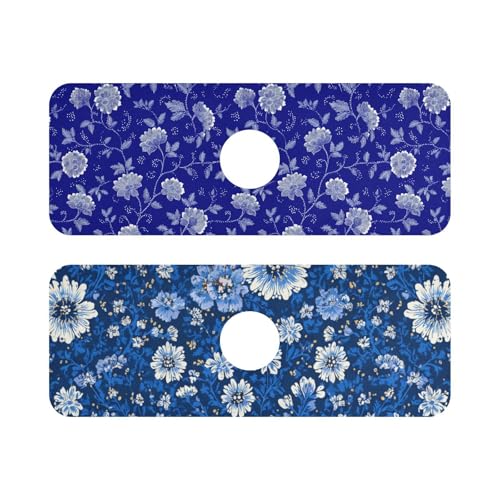 Blue and White Leaf Flower with Borders Kitchen Sink Splash Guard Sink Faucet Mat Faucet Handle Drip Catcher Drain Mats for Kitchen Bathroom Countertop Absorbent - color: Blue and White Leaf Flower with Borders, size: 14.7x5.4in x2