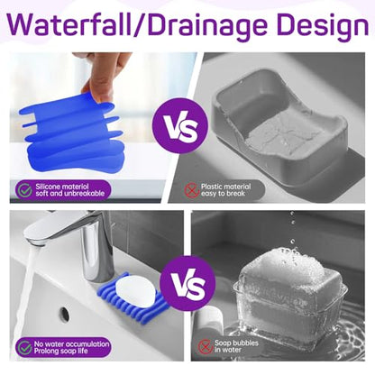 2 Pcs Self Draining Silicone Soap Holder - Waterfall Design Soap Dishes for Bathroom, Keeps Soap Bars Dry & Clean (Blue) - color: Blue
