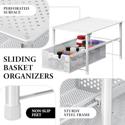 Simple Houseware Stackable Under Sink Sliding Basket Drawer, White | Perforated Free Standing Organizer, Kitchen/Pantry/Cabinet/Counter - color: White