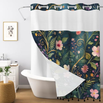Boho Floral No Hook Shower Curtain with Snap in Liner & Tassels | Double Layer Waterproof & Mesh Top, Whimsical Dark Botanical & Wildflower Design for Modern Bohemian Style Bathroom, 71Wx77L - color: Whimsical Flowers