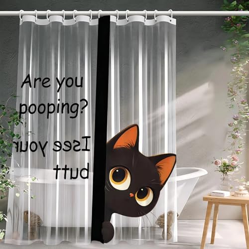 Clear Cute Funny Black Cat Shower Curtain Liner, Are You Pooping Shower Curtain, Fun Anime Cat Shower Curtains for Bathroom, 72x72 Plastic Cool Summer Shower Curtain Set with Weighted Magnets 12 Hooks - color: Clear Black Cat, size: 72"W x 72"L (Pack of 1