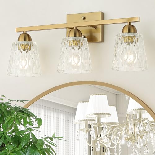 Mecgirn Stainless Steel Bathroom Vanity Light Over Mirror, 3 Light Brushed Gold Bathroom Light Fixtures with Textured Glass Shades, Modern Vanity Lighting Wall Mount - color: Brushed Gold, size: 3 Light