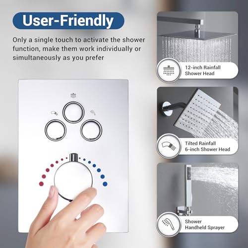 Thermostatic Shower System, Dual Rainfall Shower Faucet(Chrome) | 12 Inch Shower Head, 6 Inch Wall Mount Head, High Pressure Handheld Sprayer, Push Button Valve - color: Polished Chrome