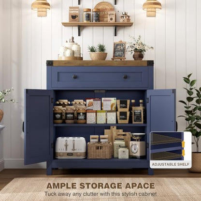 HOSTACK Kitchen Storage Cabinet, Farmhouse Coffee Bar Cabinet, Blue/Brown | Small Buffet Cabinet with Doors & Wide Drawer, Wood Sideboard Buffet, Entry Table w/ Adjustable Shelf for Dining Living Room - color: Blue / Rustic Brown