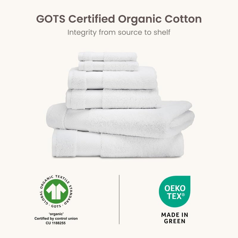 BIOWEAVES 100% Organic Cotton 700 GSM Plush 6-Piece Towel Set GOTS Certified, 2 Bath Towels, 2 Hand Towels & 2 Washcloths - White - color: White, size: 6 Pc Towel Set