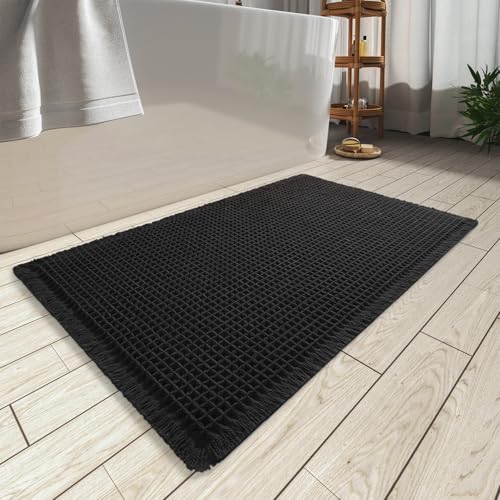 AMOAMI Upgraded Waffle Bath Mat, Super Absorbent Non Slip Bath Mats for Bathroom Floor, Machine Washable Bathroom Rugs with Tassels, Rubber Backed Bathroom Mats, Ultra Soft, 17" x 24", Black - color: Black, size: 1'5" x 2' (Rectangular)