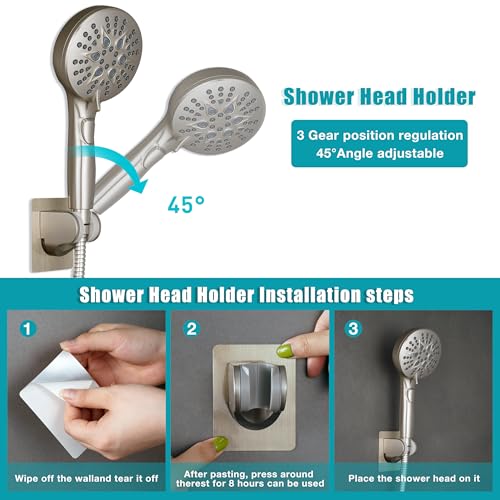 GwernKB Handheld Shower Head with ON OFF Switch & 79in Stainless Steel Hose | Brushed Nickel,Built-in Power Spray,7-mode High Pressure Spray with Bracket & Extra No Drilling Shower Holder for Lower Mount - color: Brushed Nickel